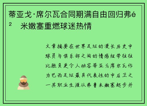 蒂亚戈·席尔瓦合同期满自由回归弗鲁米嫩塞重燃球迷热情 蒂亚戈·席尔瓦合同期满自由回归弗鲁米嫩塞重燃球迷热情