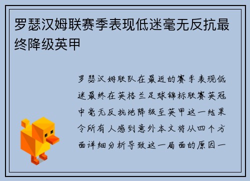 罗瑟汉姆联赛季表现低迷毫无反抗最终降级英甲